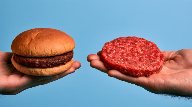 Person choosing between vegan beef burger patty and real real beef burger patty in nutrition concept