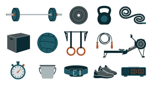 Collection of gym equipment including weights dumbbells kettlebells and fitness accessories