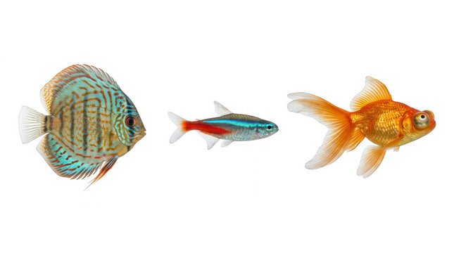 Variety of colorful freshwater fish including discus neon tetra and goldfish on a transparent background