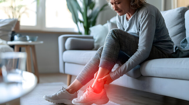 Woman seated on sofa holding ankle with red pain signal indicating discomfort in living room setting