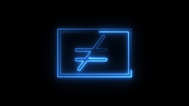Not equal sign glowing in blue neon light on dark background dynamic digital animation.