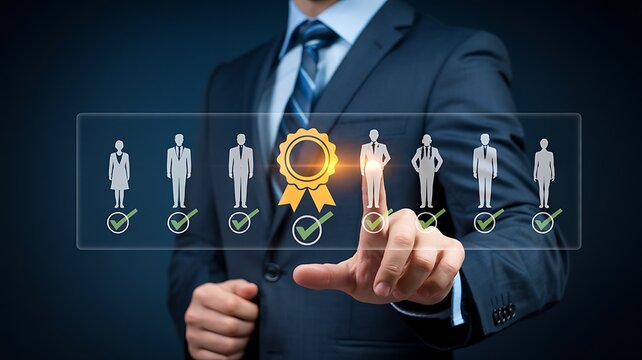Businessman selecting top candidate icon on virtual human resources screen.