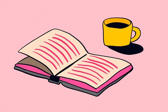Open book and coffee cup on pink winter background