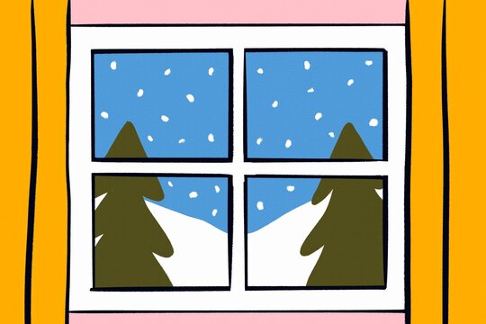 Winter snow view through a pink illustrated window