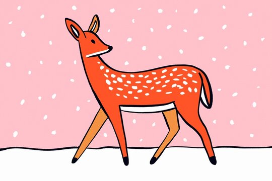 Deer in winter snowfall on pink illustrated background
