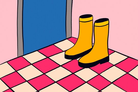 Yellow rain boot on pink checkered floor illustration