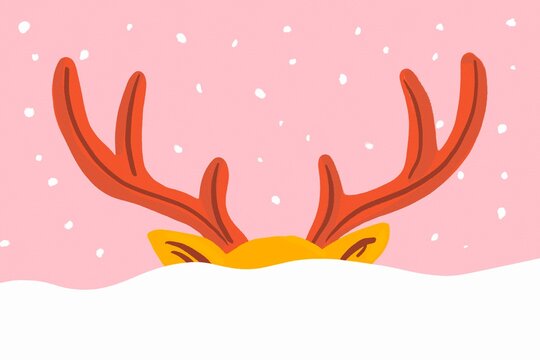 Reindeer antlers peeking over snow in pink winter scene
