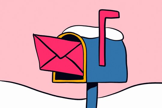 Pink envelope in mailbox with winter snow illustration
