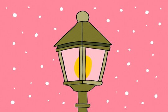 Winter street lantern illustration on pink snowy background