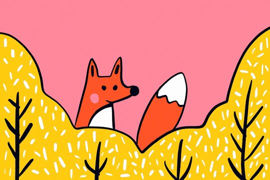 Fox in pink winter forest illustration with yellow trees