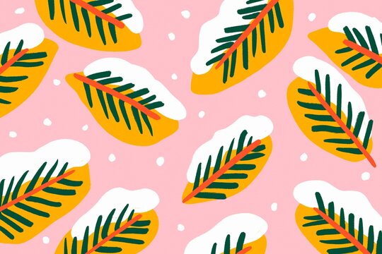 Winter pine branch illustration on pink background