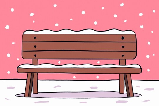 Snow-covered wooden bench in pink winter illustration