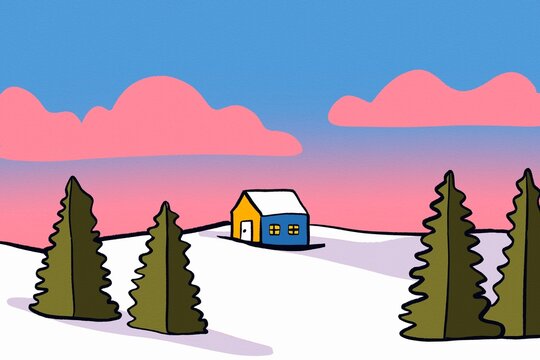 Pink winter landscape illustration with snowy cottage and pine trees
