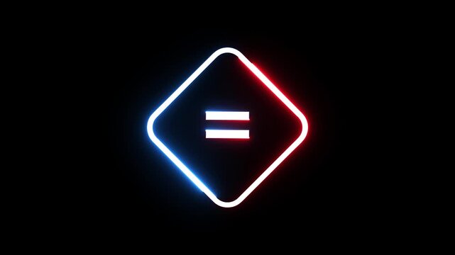 Neon equal sign flickering inside glowing rounded diamond frame on dark black background.