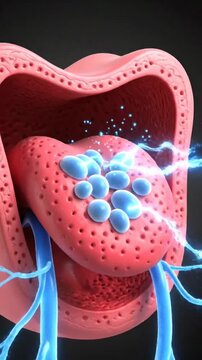 Close-up microscopic view of taste buds on human tongue surface with blue flavor molecules interacting