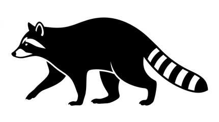 Naklejka premium Minimalist black and white raccoon silhouette walking in profile view vector graphic design element with rendered high contrast solid black against plain white background
