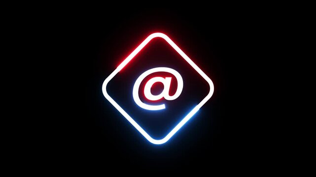 Glowing at symbol inside diamond neon frame floating against dark void digital motion clip.