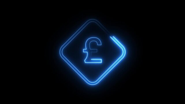 Pound sterling currency symbol glowing with blue neon light in motion on black background.