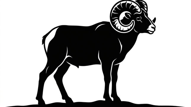 Minimalist black silhouette graphic featuring majestic ram standing proudly in side profile view design element with solid white background curved horns standing