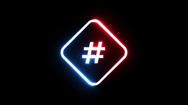 Neon hashtag symbol glows inside rotating blue and red diamond frame on dark background.