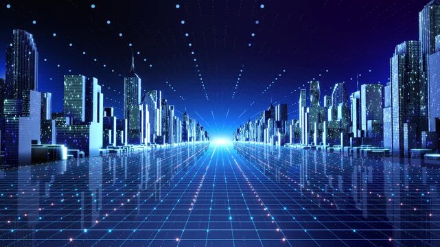 Modern digital city skyscrapers, converging network lines glowing nodes virtual urban landscape. smart mobility, edge computing, telemetry, spatial mapping, enterprise networks future infrastructure.
