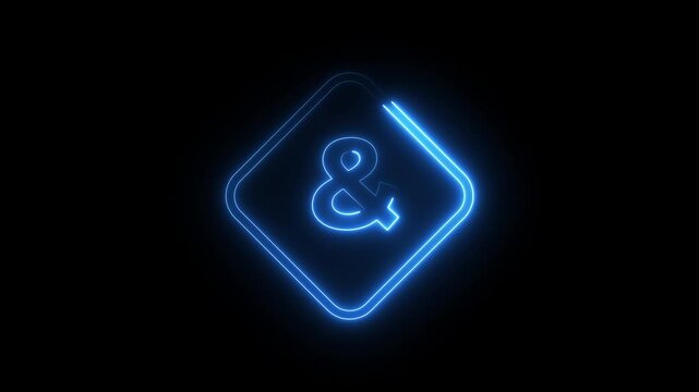 Neon blue ampersand symbol glowing inside diamond frame on black background motion footage.