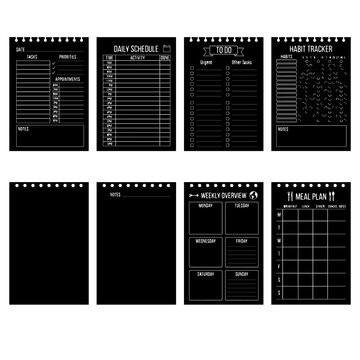 Eight black planner pages with white text including daily schedules, to-do lists, habit trackers, meal plans, and weekly overviews