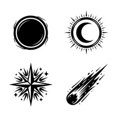 Four esoteric celestial featuring a dark circle, a crescent moon within a radiant sun, a four pointed star, and a streaking comet shape © alifa
