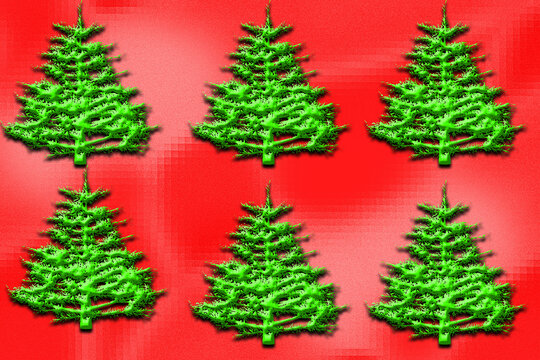 Green Christmas Trees on Red Background