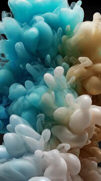 Blue and beige ink swirling in clear water. Abstract smoke effect background for creative design visuals. Dynamic liquid motion artistic texture fluid element.