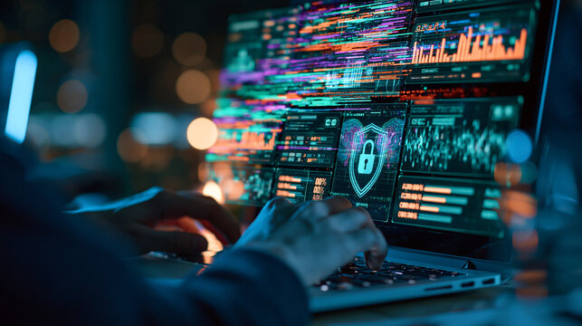 Laptop zeigt Cybersicherheit-Dashboards mit bunten Datenanalysen im B&uuml;ro