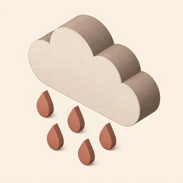 A rain cloud with drops, isometric illustration, faded brick, oatmeal and soft brown