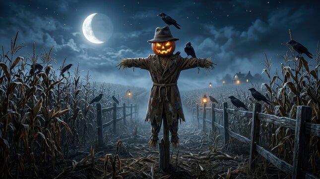 Eerie halloween scarecrow with a glowing jackolantern head standing in a dark, misty cornfield under a crescent moon with black crows