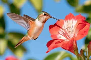 Naklejka premium Hummingbird hovering mid air sipping nectar from vivid red flower against blue sky