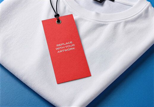 T-shirt mockup with tag hanging from neckline on blue surface, realistic clothing branding presentation, template for graphic design and print applications