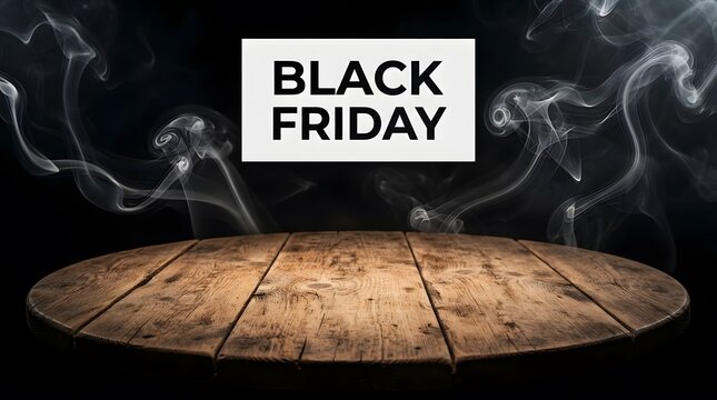 Black friday sign on wooden table with swirling white smoke