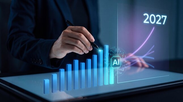 Business professional analyzing AI growth chart and rising data trends for 2027, representing artificial intelligence, business forecasting, innovation, strategy, and future technology.