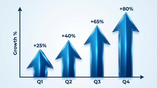 Business growth and success concept with progressive rising blue arrows representing financial success and quarterly performance metrics