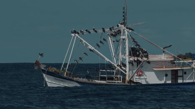 Fishing boat moves in the Atlantic Ocean near the Brazilian shore