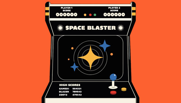Retro arcade video game machine with space blaster theme on orange background.