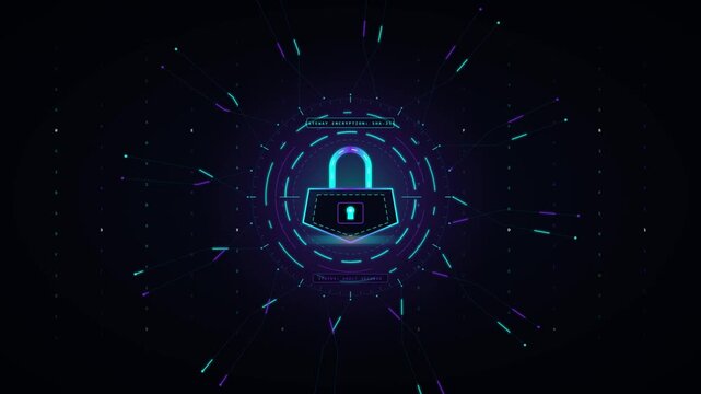 Cyber Security Technology Concept with Glowing Digital Padlock and Data Protection Network Interface
