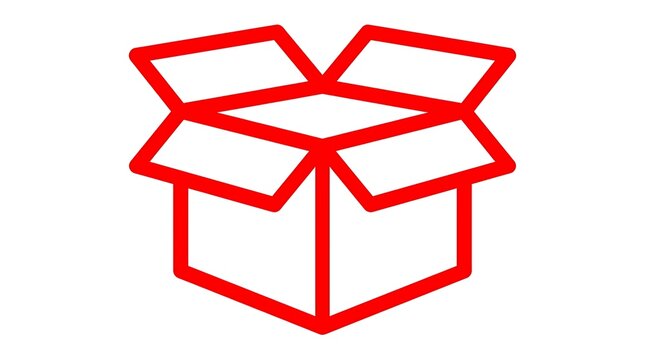 Red line art icon of an open delivery box on white background