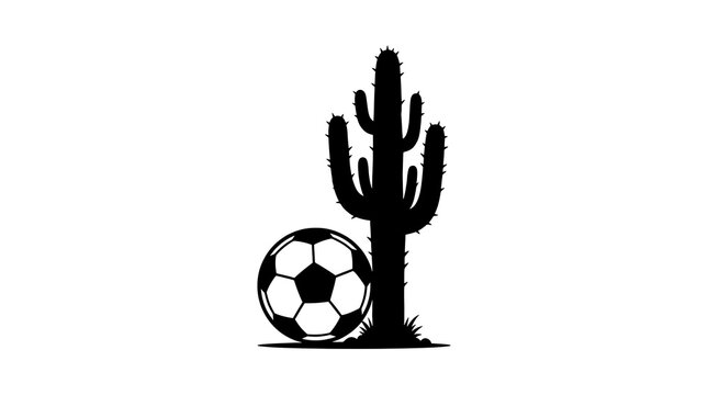 Soccer ball sitting next to a desert saguaro cactus silhouette