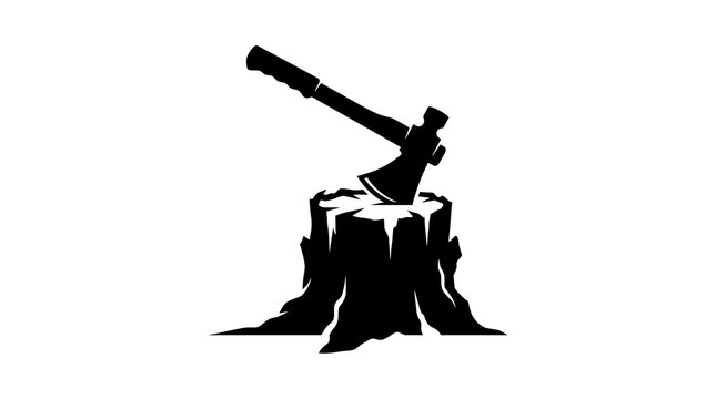 Black silhouette of a lumberjack axe stuck in a tree stump