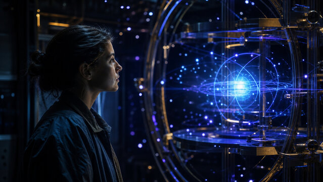 Woman observing glowing futuristic quantum computing device