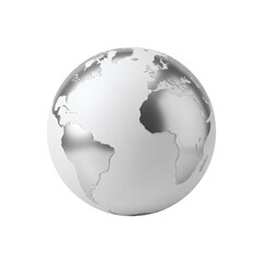 Fototapeta premium Minimal metallic globe showing continents on a smooth spherical surface, isolated on transparent background. Realistic 3D design element for global business, geography and visual communication.