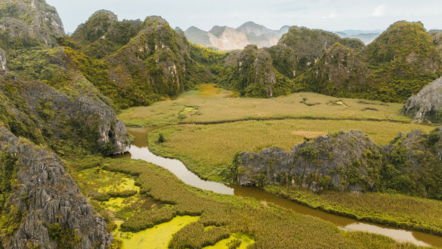 Aerial view of karst valley and river in Vietnam