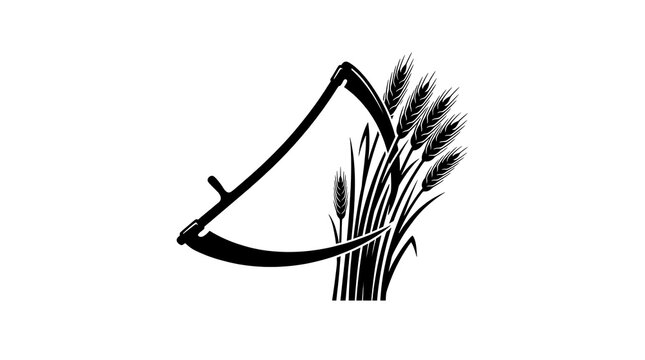 Black scythe tool harvesting wheat stalks illustration