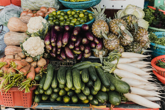 Fresh vegetable stall at a local market in Vietnam