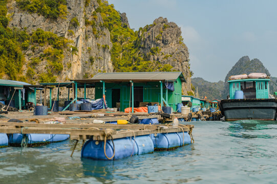 Floating fishing village beneath limestone cliffs in Lan Ha Bay